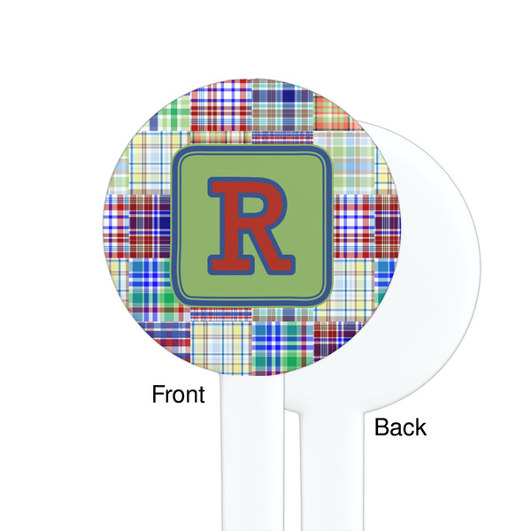 Blue Madras Plaid Print White Plastic 7" Stir Stick - Single Sided - Round - Front & Back