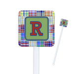 Blue Madras Plaid Print Square Plastic Stir Sticks (Personalized)