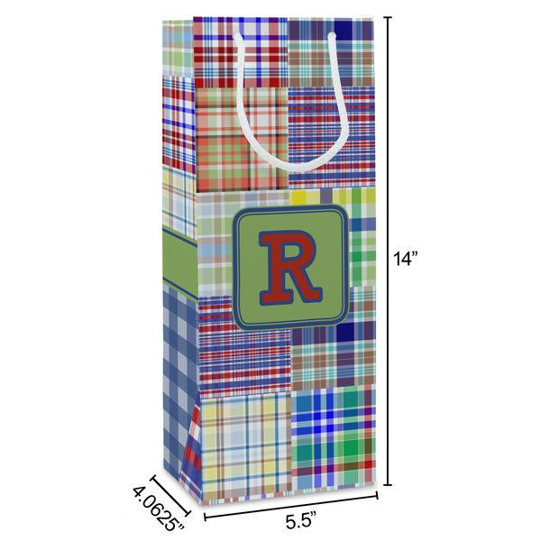 Blue Madras Plaid Print Wine Gift Bag - Dimensions