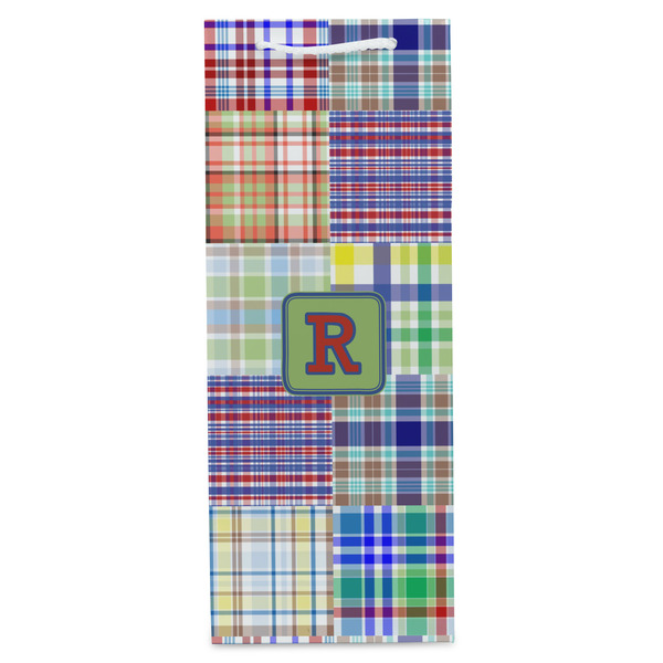Blue Madras Plaid Print Wine Gift Bag - Matte - Front