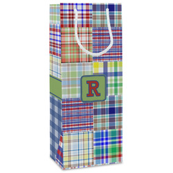 Blue Madras Plaid Print Wine Gift Bags - Matte (Personalized)