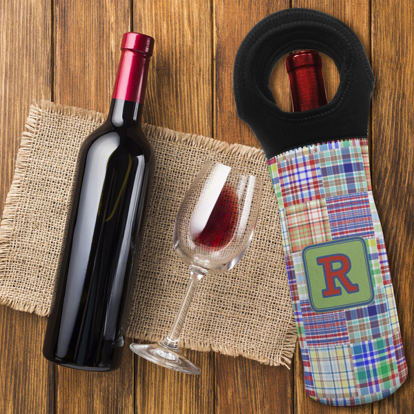 Blue Madras Plaid Print Wine Tote Bag - FLATLAY