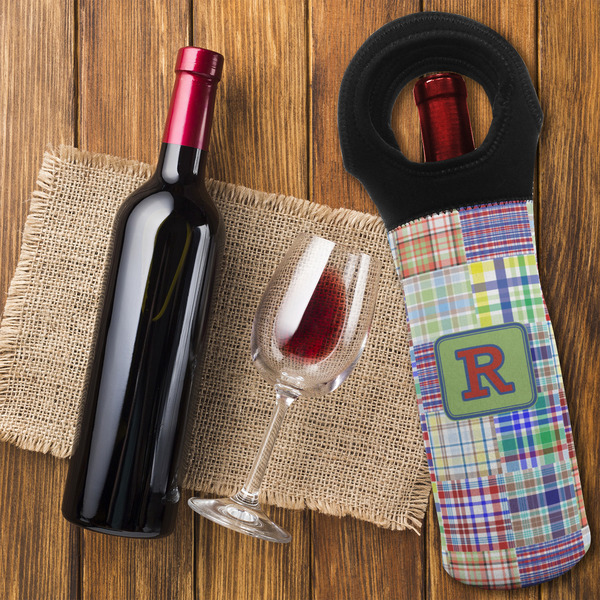 Blue Madras Plaid Print Wine Tote Bag - FLATLAY