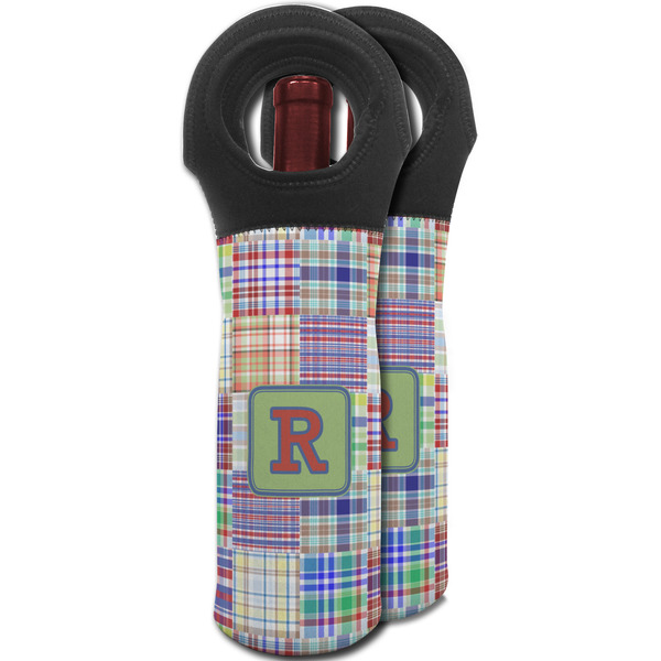 Blue Madras Plaid Print Wine Tote Bag - MAIN