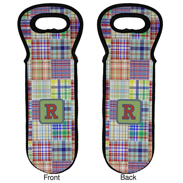 Blue Madras Plaid Print Wine Tote Front & Back