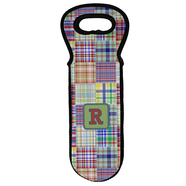 Custom Blue Madras Plaid Print Wine Tote Bag (Personalized)