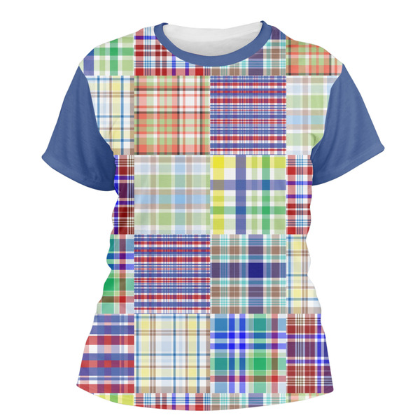 Custom Blue Madras Plaid Print Women's Crew T-Shirt