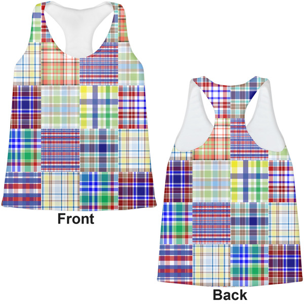 Blue Madras Plaid Print Womens Racerback Tank Tops - Medium - Front and Back
