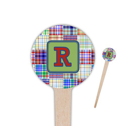 Blue Madras Plaid Print 4" Round Wooden Food Picks - Single Sided (Personalized)