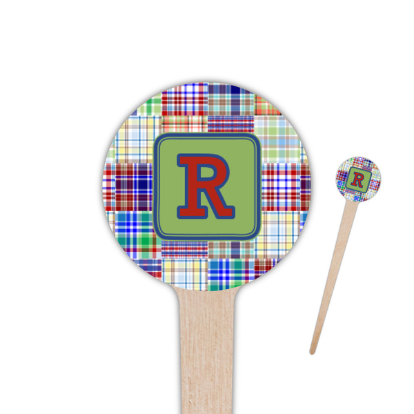 Custom Blue Madras Plaid Print 4" Round Wooden Food Picks - Single Sided (Personalized)