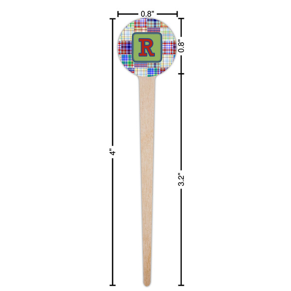 Blue Madras Plaid Print Wooden 4" Food Pick - Round - Dimensions