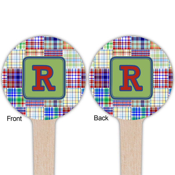 Blue Madras Plaid Print Wooden 4" Food Pick - Round - Double Sided - Front & Back