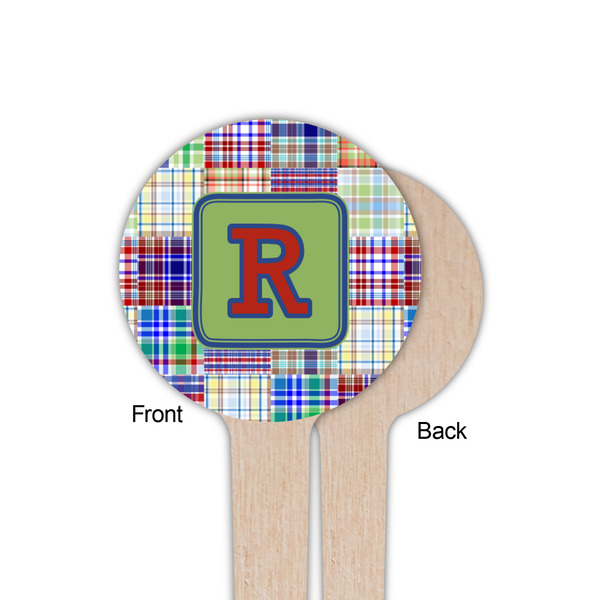 Blue Madras Plaid Print Wooden 4" Food Pick - Round - Single Sided - Front & Back