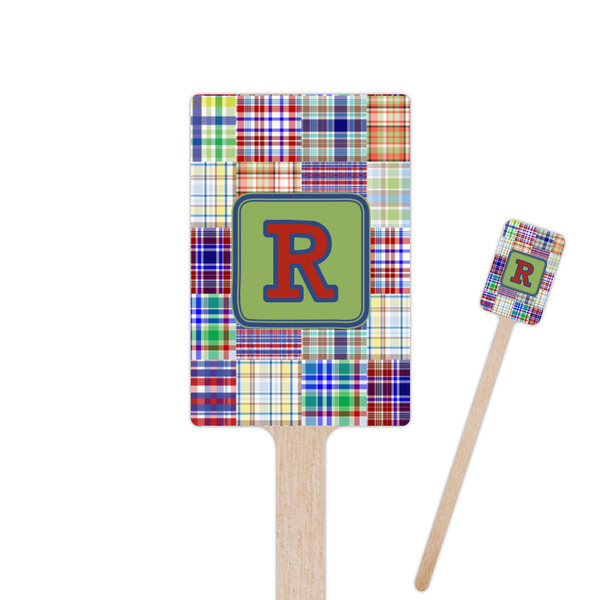 Custom Blue Madras Plaid Print 6.25" Rectangle Wooden Stir Sticks - Double Sided (Personalized)