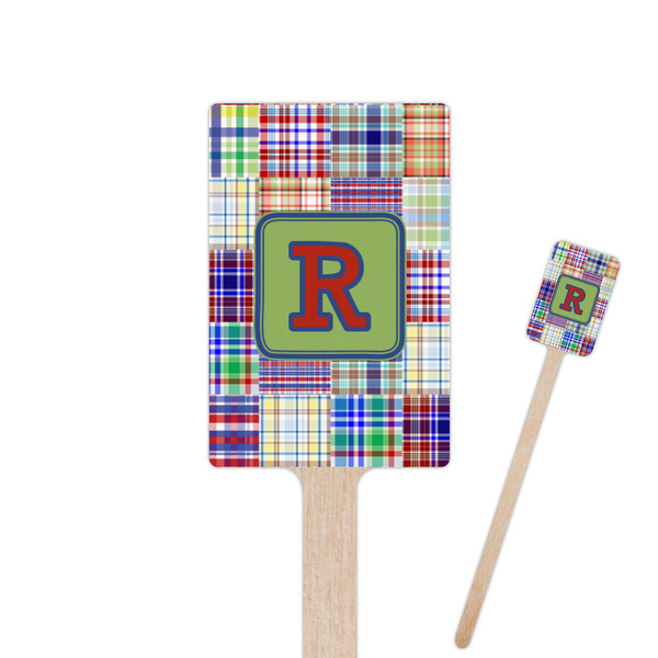 Custom Blue Madras Plaid Print Rectangle Wooden Stir Sticks (Personalized)