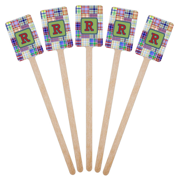 Blue Madras Plaid Print Wooden 6.25" Stir Stick - Rectangular - Fan View