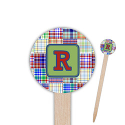 Blue Madras Plaid Print 6" Round Wooden Food Picks - Single Sided (Personalized)