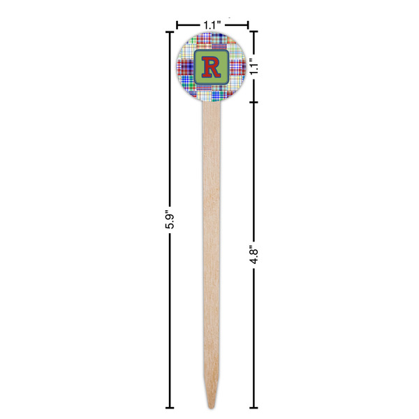Blue Madras Plaid Print Wooden 6" Food Pick - Round - Dimensions