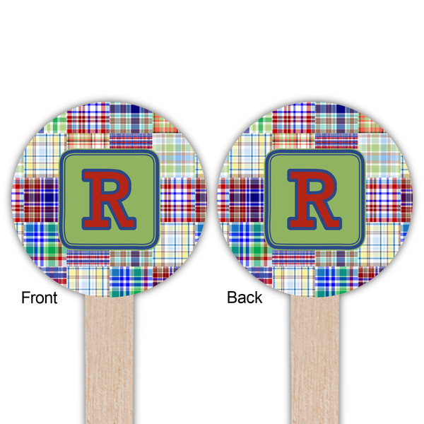 Blue Madras Plaid Print Wooden 6" Food Pick - Round - Double Sided - Front & Back