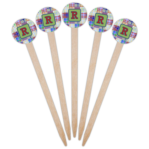 Blue Madras Plaid Print Wooden 6" Food Pick - Round - Fan View