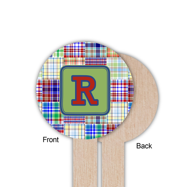 Blue Madras Plaid Print Wooden 6" Food Pick - Round - Single Sided - Front & Back