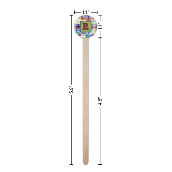 Blue Madras Plaid Print Wooden 6" Stir Stick - Round - Dimensions