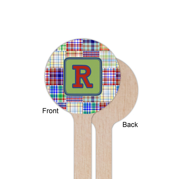 Blue Madras Plaid Print Wooden 6" Stir Stick - Round - Single Sided - Front & Back