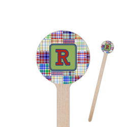 Blue Madras Plaid Print 7.5" Round Wooden Stir Sticks - Single Sided (Personalized)