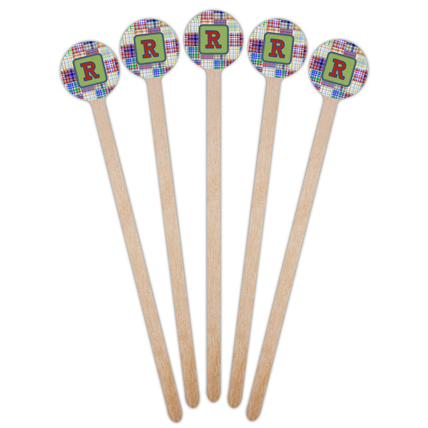 Blue Madras Plaid Print Wooden 7.5" Stir Stick - Round - Fan View