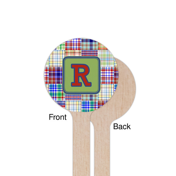 Blue Madras Plaid Print Wooden 7.5" Stir Stick - Round - Single Sided - Front & Back
