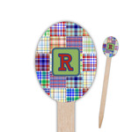 Blue Madras Plaid Print Oval Wooden Food Picks (Personalized)