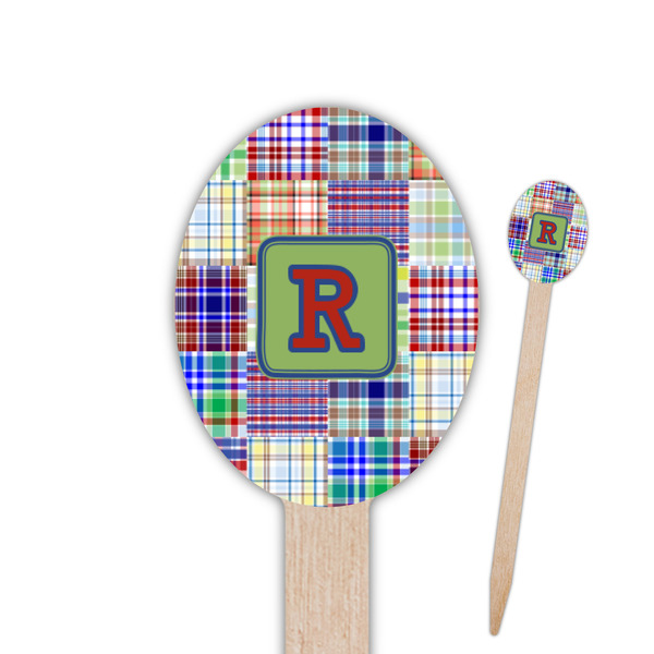 Custom Blue Madras Plaid Print Oval Wooden Food Picks (Personalized)