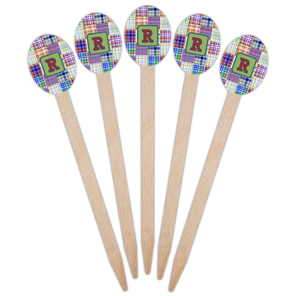 Blue Madras Plaid Print Wooden Food Pick - Oval - Fan View