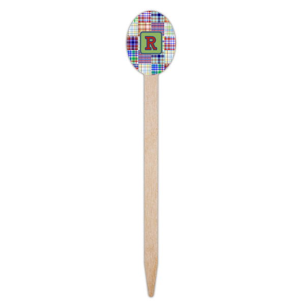Blue Madras Plaid Print Wooden Food Pick - Oval - Single Pick