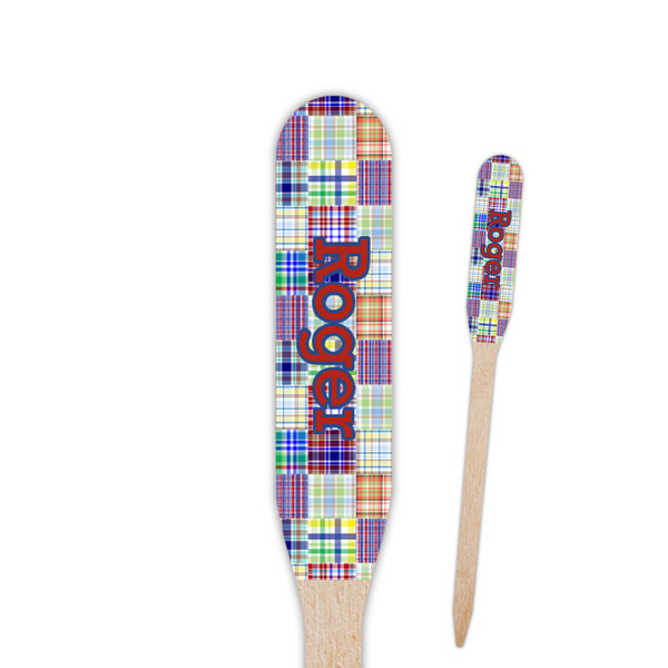 Custom Blue Madras Plaid Print Paddle Wooden Food Picks - Double Sided (Personalized)