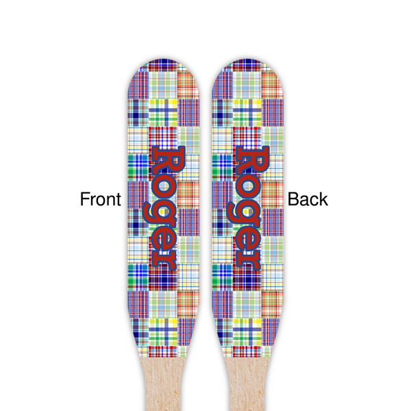 Blue Madras Plaid Print Wooden Food Pick - Paddle - Double Sided - Front & Back