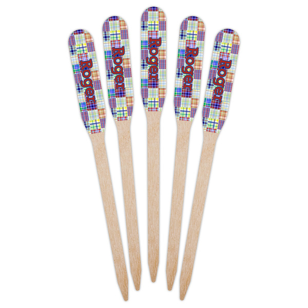 Blue Madras Plaid Print Wooden Food Pick - Paddle - Fan View