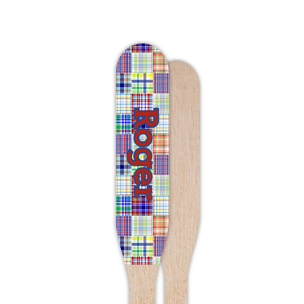 Blue Madras Plaid Print Wooden Food Pick - Paddle - Single Sided - Front & Back