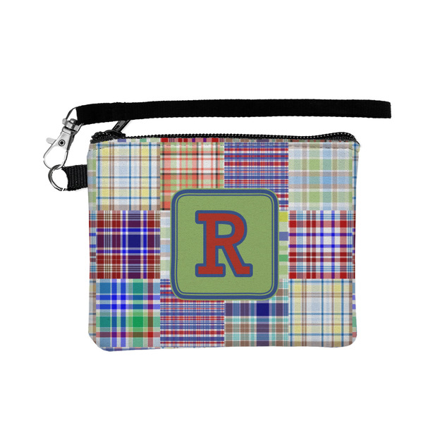 Custom Blue Madras Plaid Print Wristlet ID Case w/ Initial