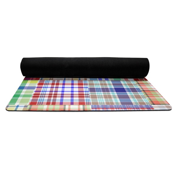 Blue Madras Plaid Print Yoga Mat Rolled up Black Rubber Backing