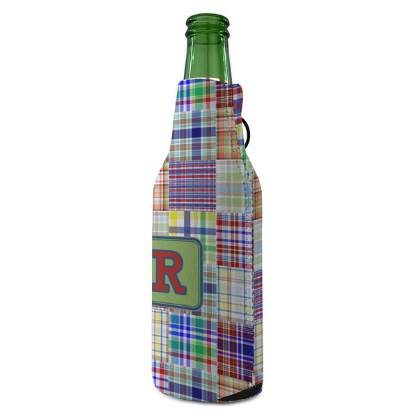 Blue Madras Plaid Print Zipper Bottle Cooler - ANGLE (bottle)