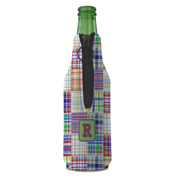 Blue Madras Plaid Print Zipper Bottle Cooler - BACK (bottle)