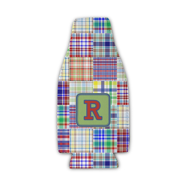 Blue Madras Plaid Print Zipper Bottle Cooler - Set of 4 - FRONT