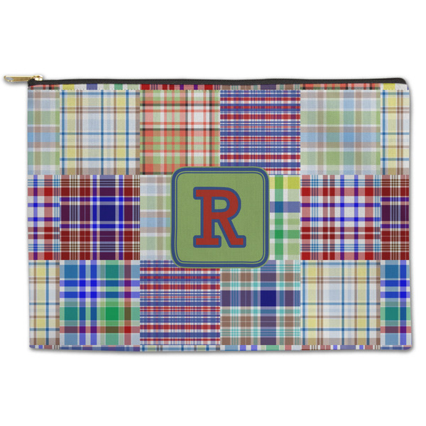 Custom Blue Madras Plaid Print Zipper Pouch - Large - 12.5"x8.5" (Personalized)
