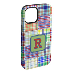 Blue Madras Plaid Print iPhone Case - Rubber Lined - iPhone 15 Plus (Personalized)
