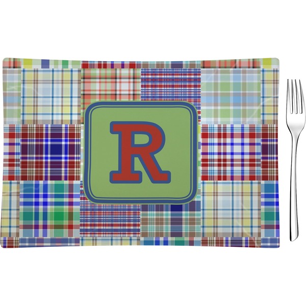 Custom Blue Madras Plaid Print Rectangular Glass Appetizer / Dessert Plate - Single or Set (Personalized)