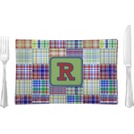 Blue Madras Plaid Print Glass Rectangular Lunch / Dinner Plate (Personalized)