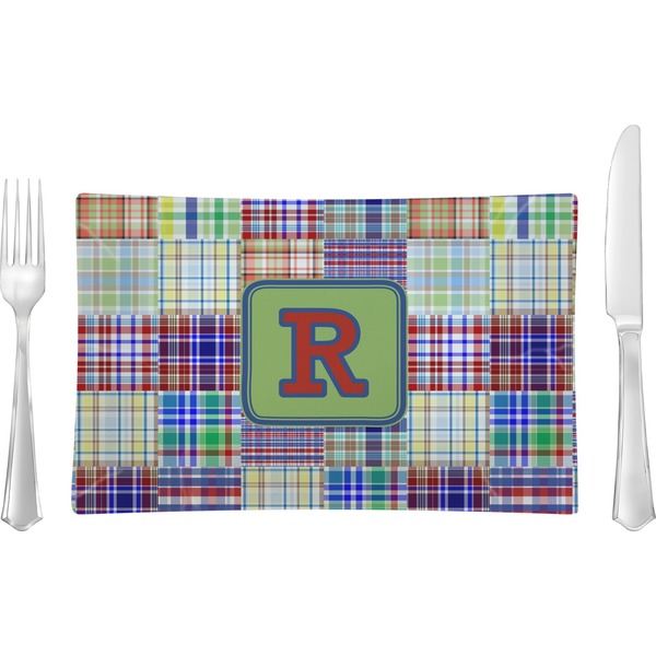 Custom Blue Madras Plaid Print Glass Rectangular Lunch / Dinner Plate (Personalized)