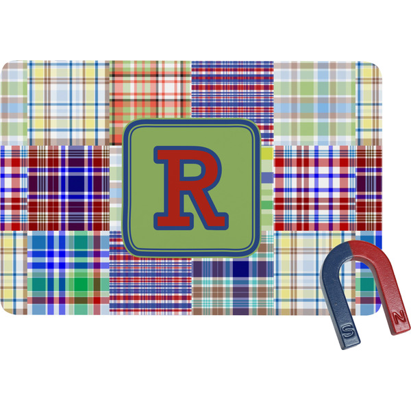 Custom Blue Madras Plaid Print Rectangular Fridge Magnet (Personalized)