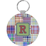 Blue Madras Plaid Print Round Plastic Keychain (Personalized)